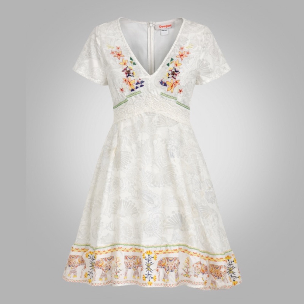 Desigual Embroidered Elephant Hem Dress Size EU 38 Boho V-Neck